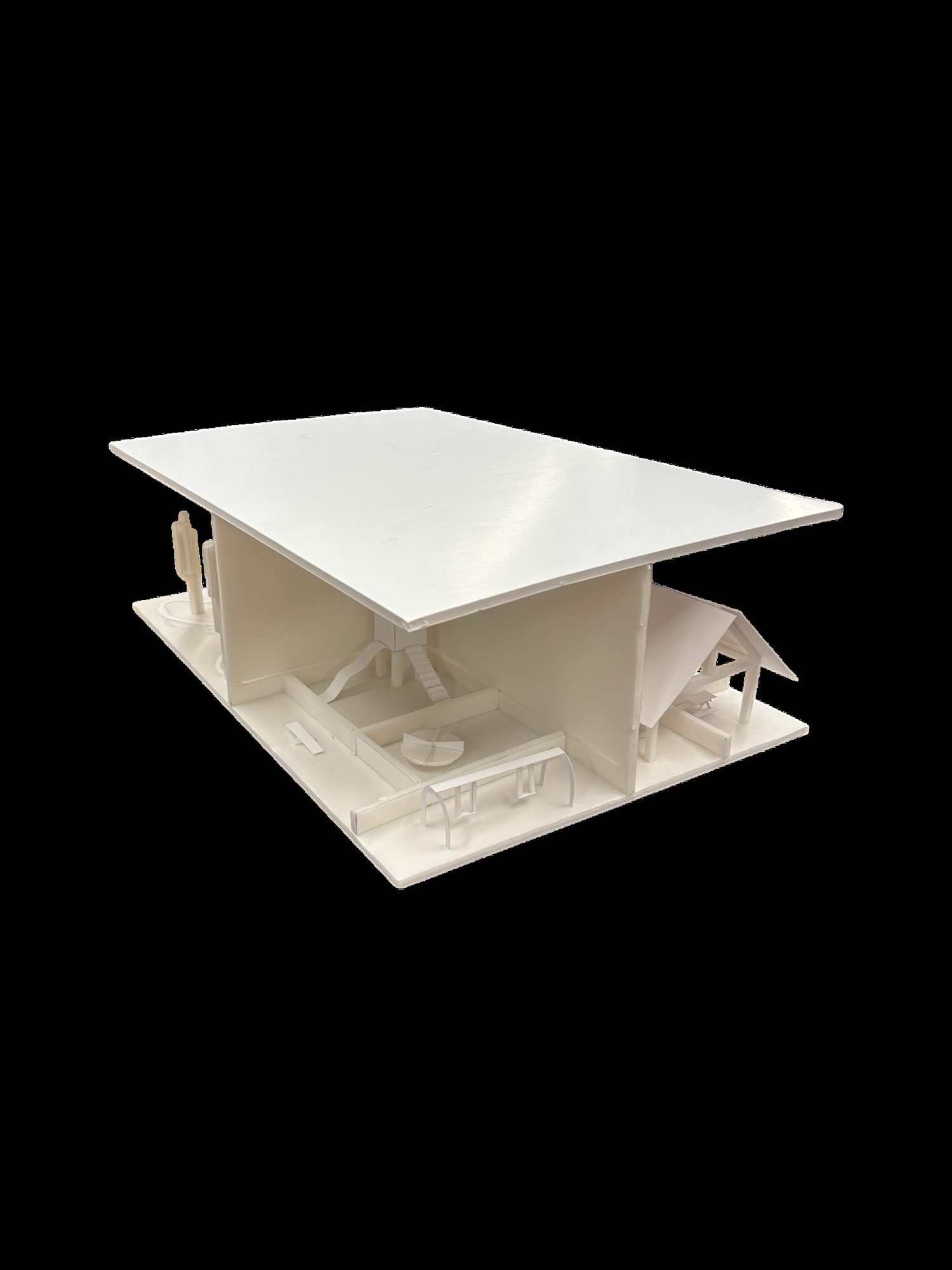 Divided Space model: a white roof plane floating over a divided plan